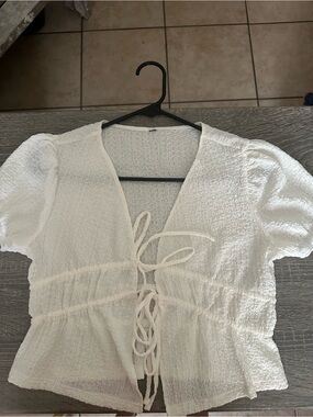White Textured Tie-Front Women's Blouse